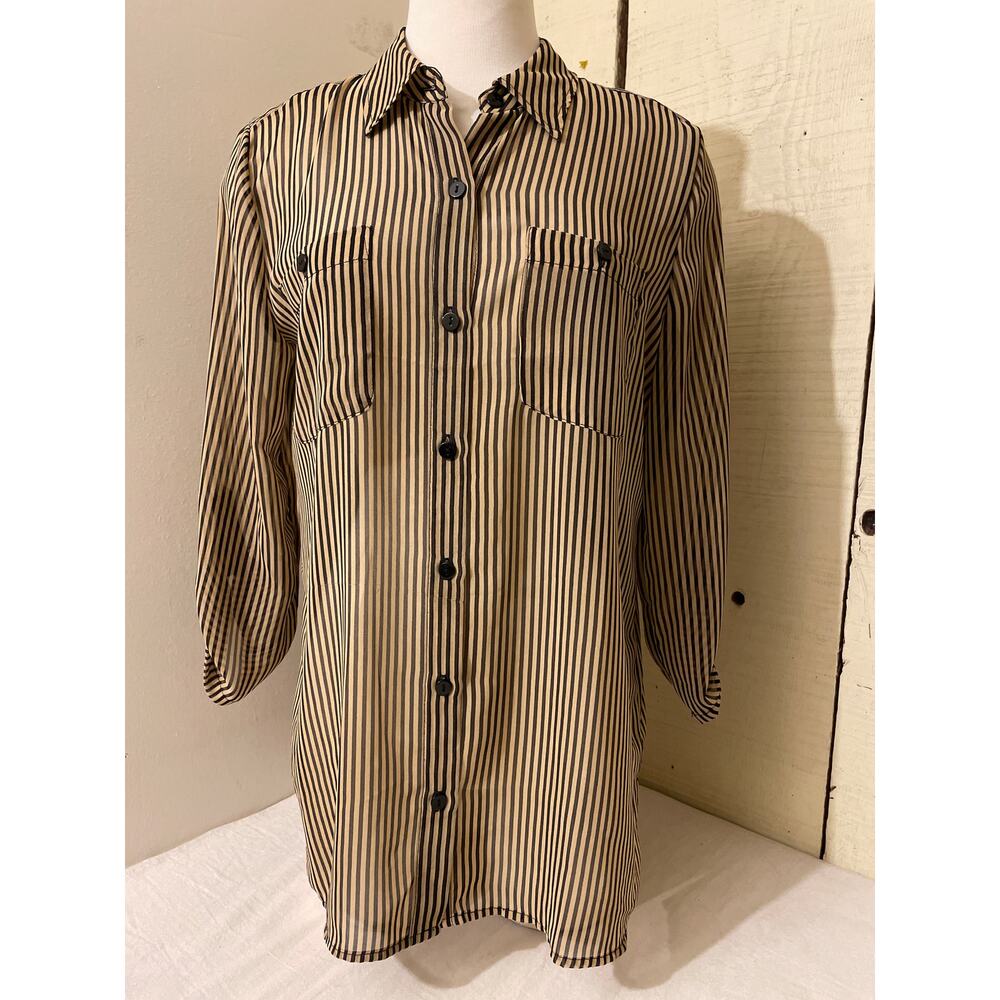 Chicos Women's Size 1 Striped Bouse‎ Button Up 3/4 Sleeve Sheer